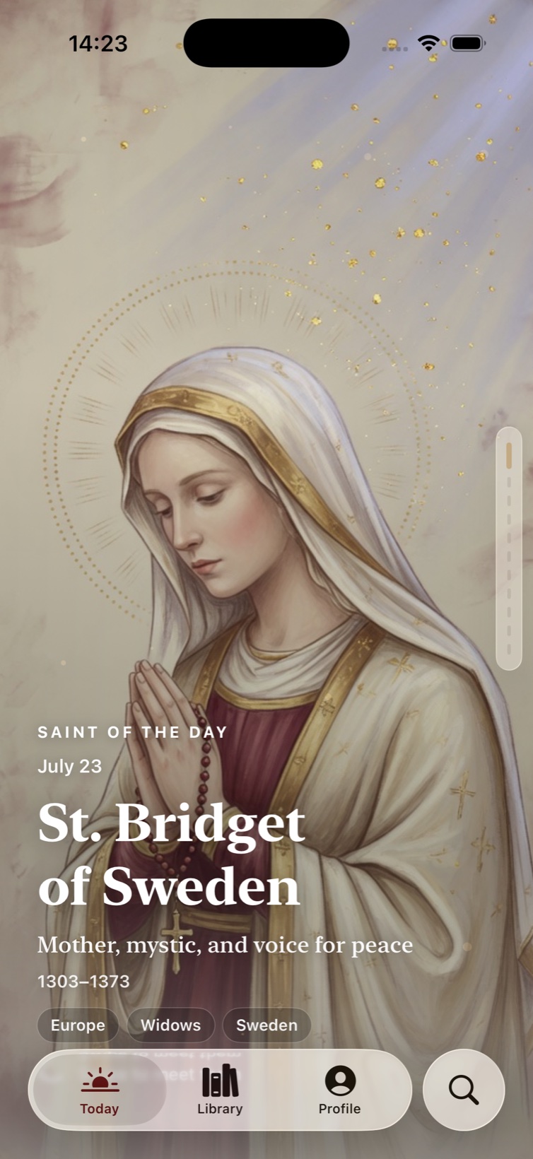 Saintly Daily — the saint of the day on the Today screen